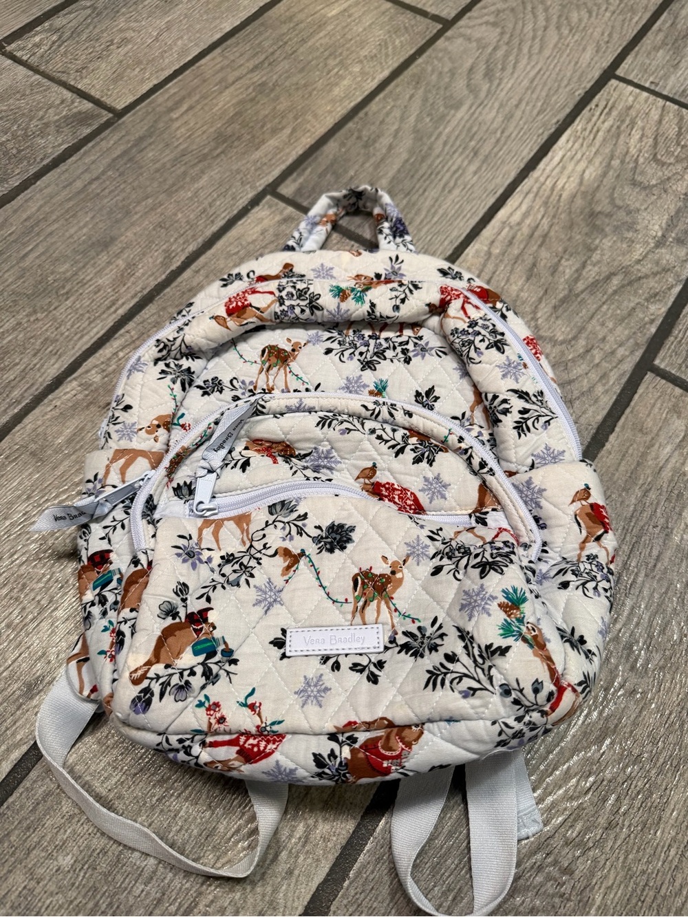 Vera Bradley Cream Quilted Mini Backpack with Holiday Deer Print